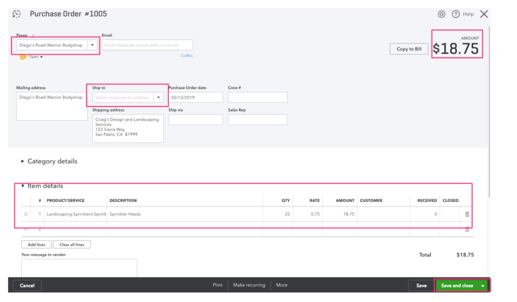 Create purchase order - Quickbooks