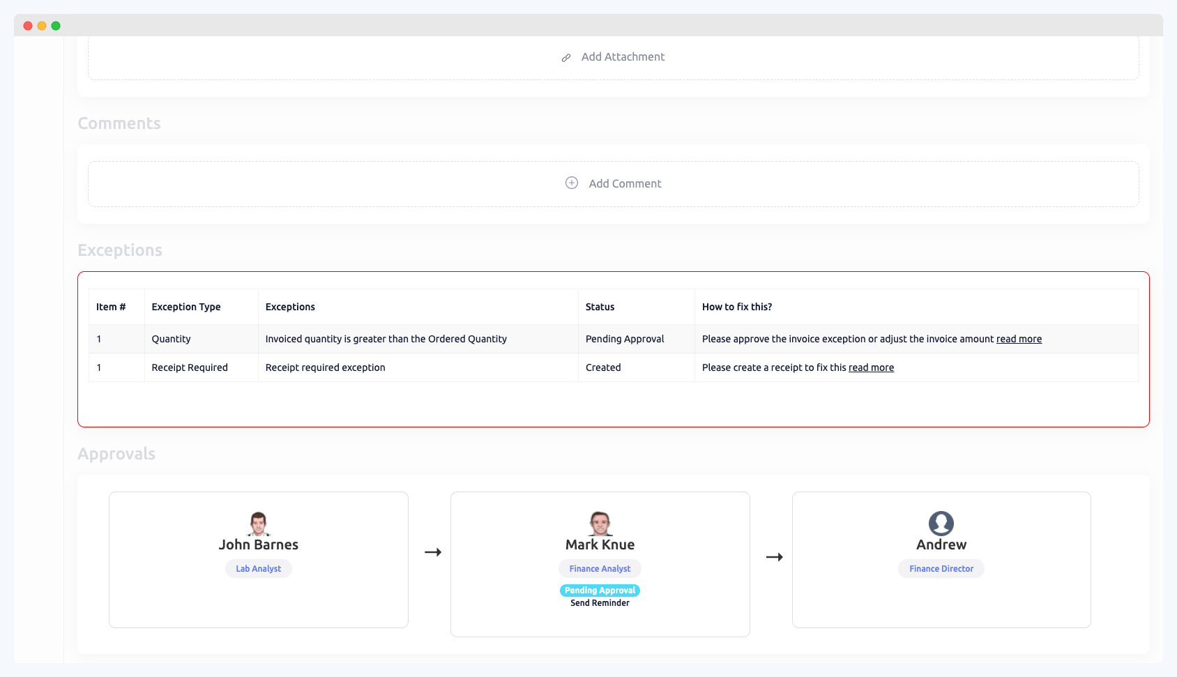 Three-way matching in ProcureDesk with quantity and receipt exceptions flagged before payment
