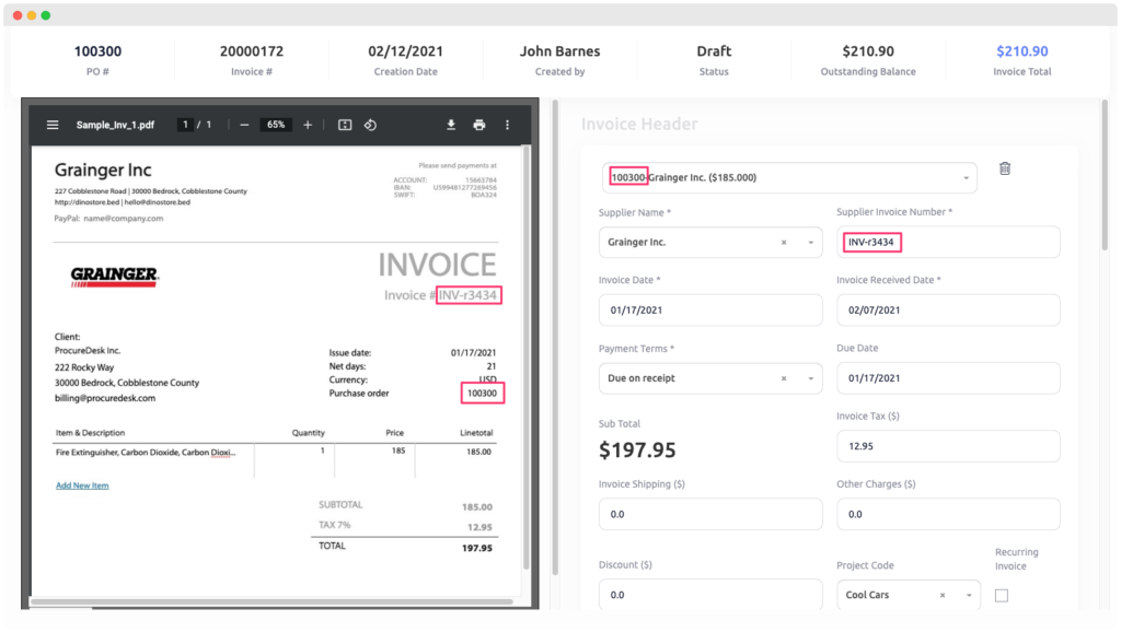 Invoice matching on ProcureDesk