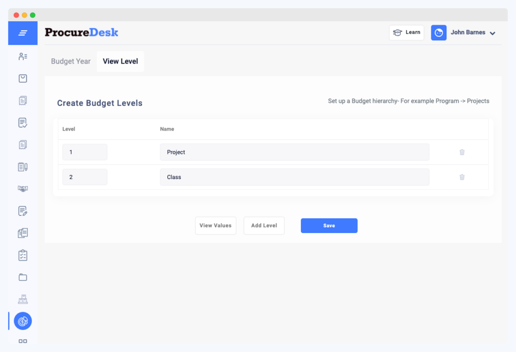 ProcureDesk lets you set budget levels