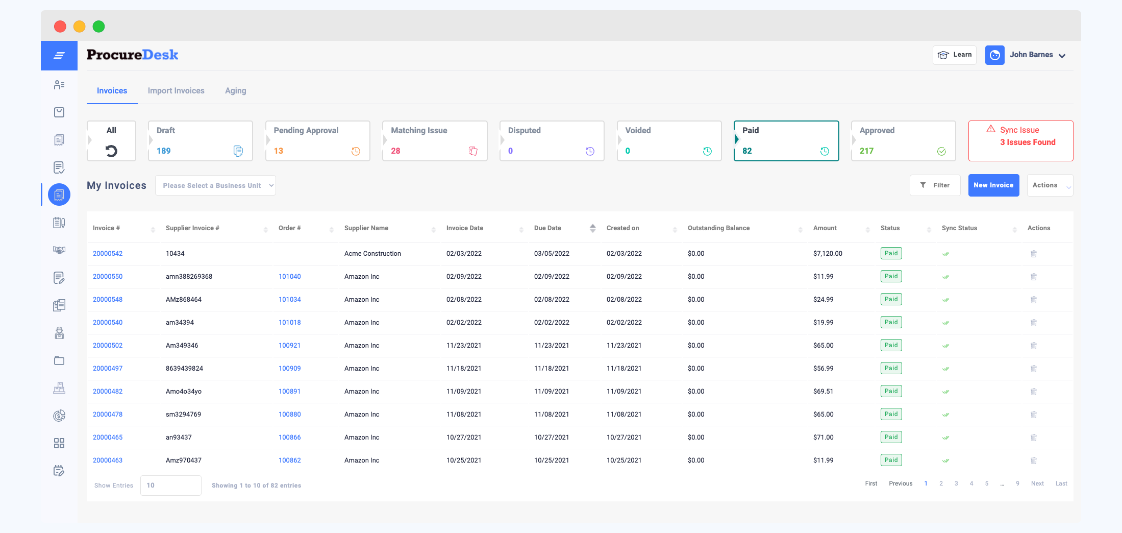 ProcureDesk invoice dashboard