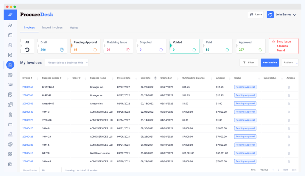 Invoices pending approval