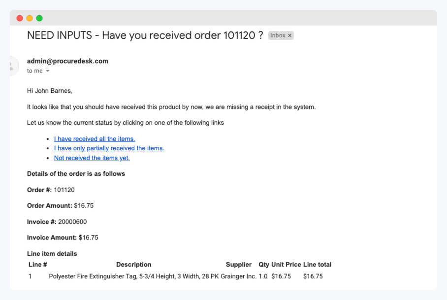 Need Inputs: Receipt Confirmation Email