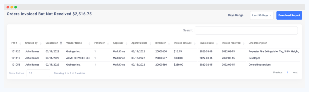 all invoices pending receipts.