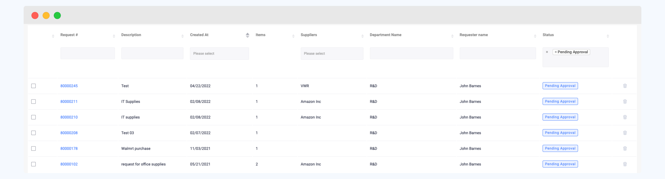 ProcureDesk requisition list showing purchase requests pending approval with requester, department and status