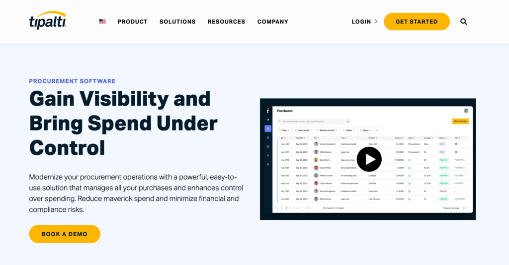 Tipalti Procurement homepage: Gain Visibility and Bring Spend Under Control