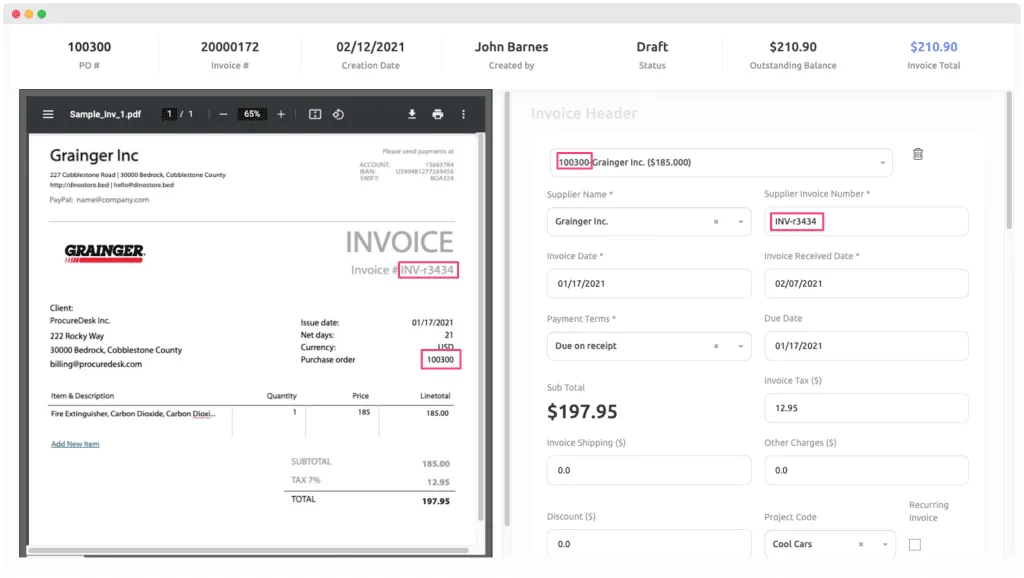 Screenshot of Automated invoice receipt with ProcureDesk