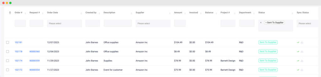 Purchase Order example: Sent to supplier