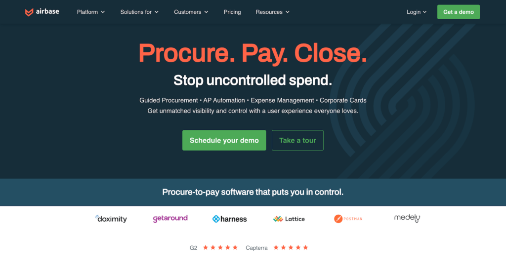 Airbase homepage: Procure. Pay. Close.