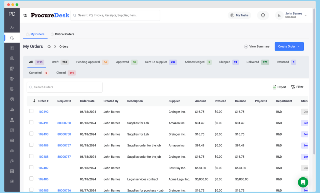 Purchase Orders and Statuses