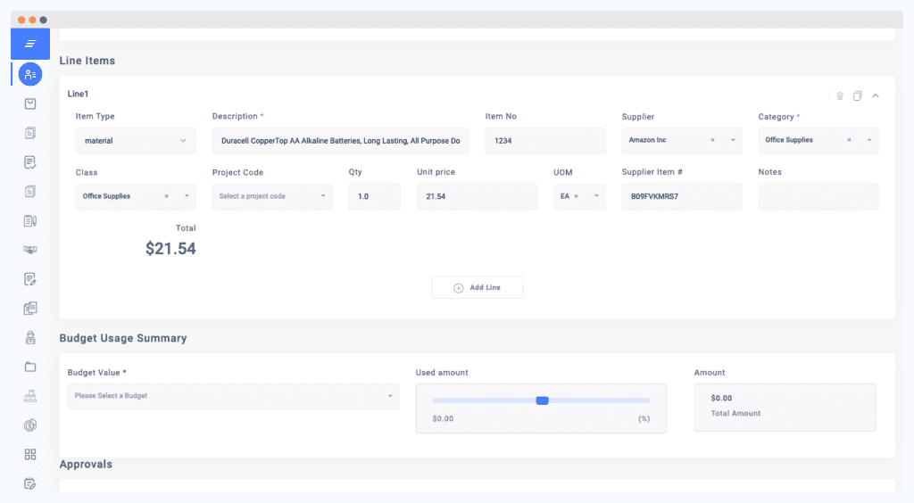 Purchase request creation on ProcureDesk