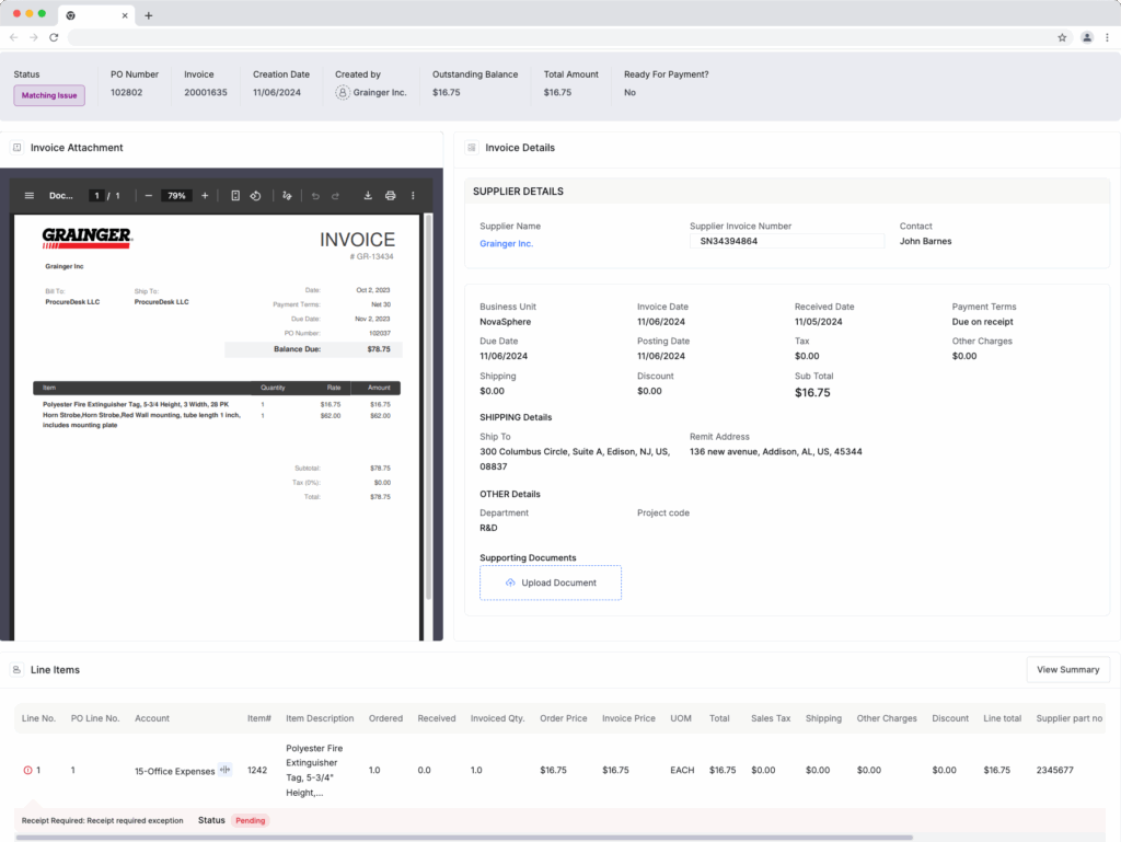 Invoice matching receipt required exception