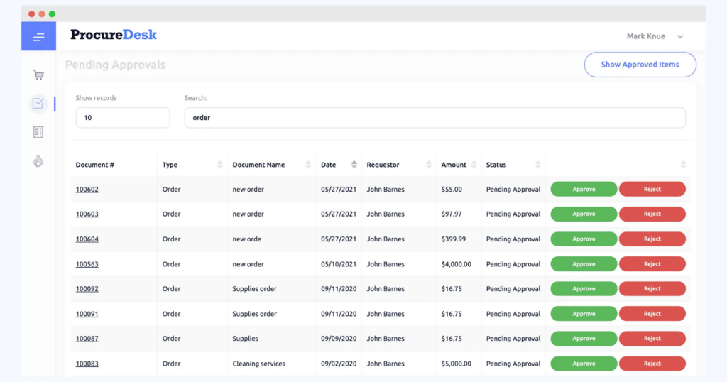 ProcureDesk’s dashboard view of pending approvals