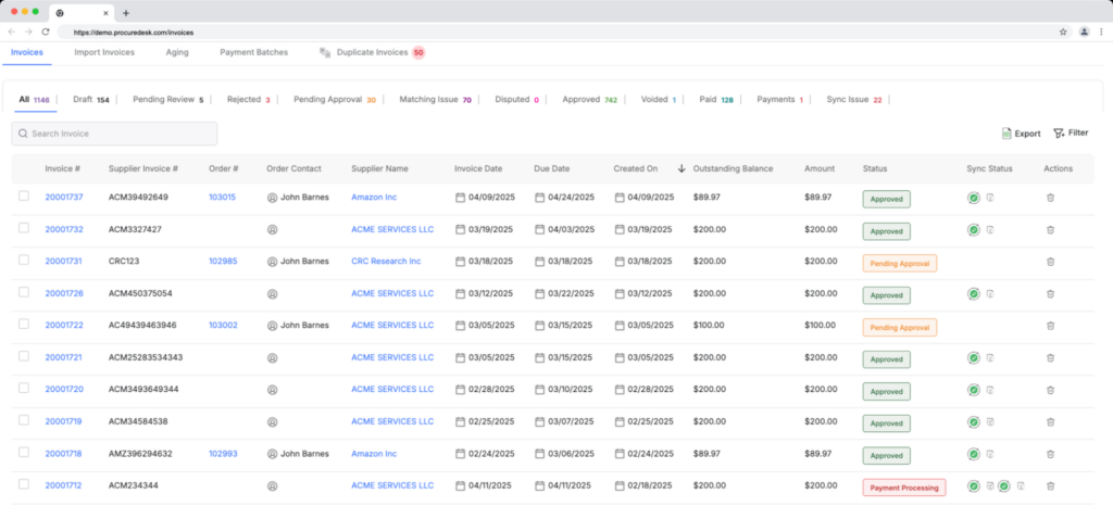 central dashboard to track invoice status
