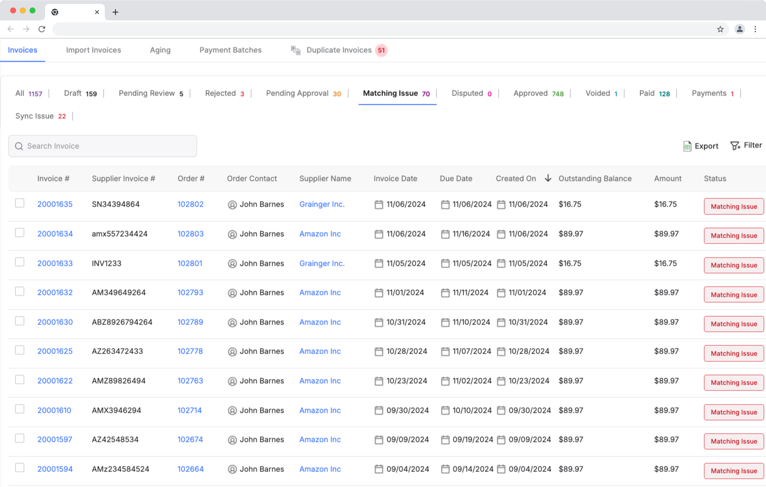 Invoice matching dashboard