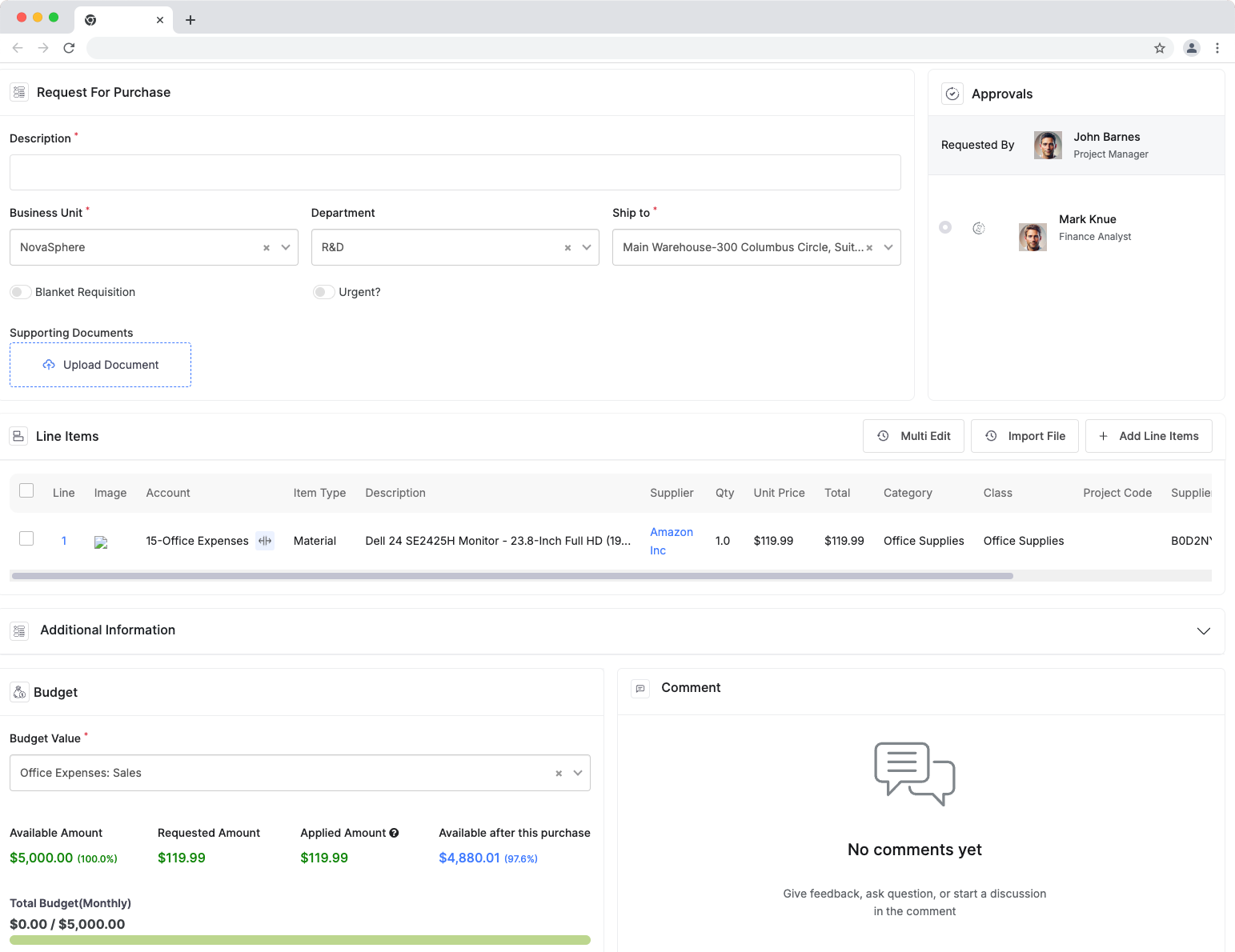 Budget usage summary on ProcureDesk