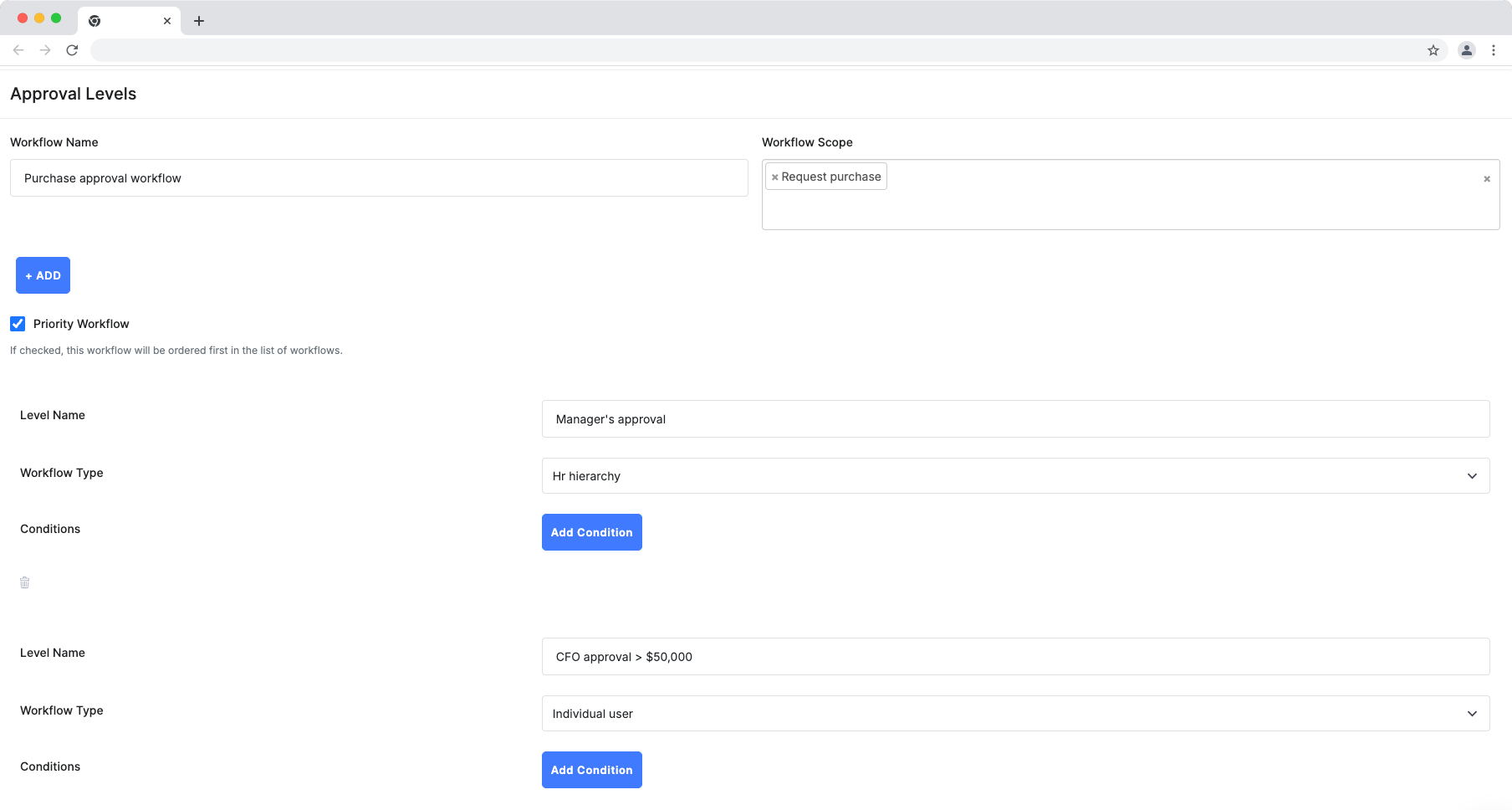 Purchase approval workflow setup