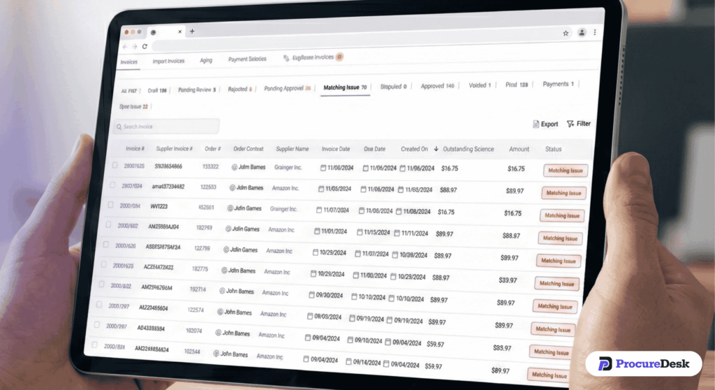 ProcureDesk invoice matching dashboard highlighting automated 3-way matching status and exception handling.