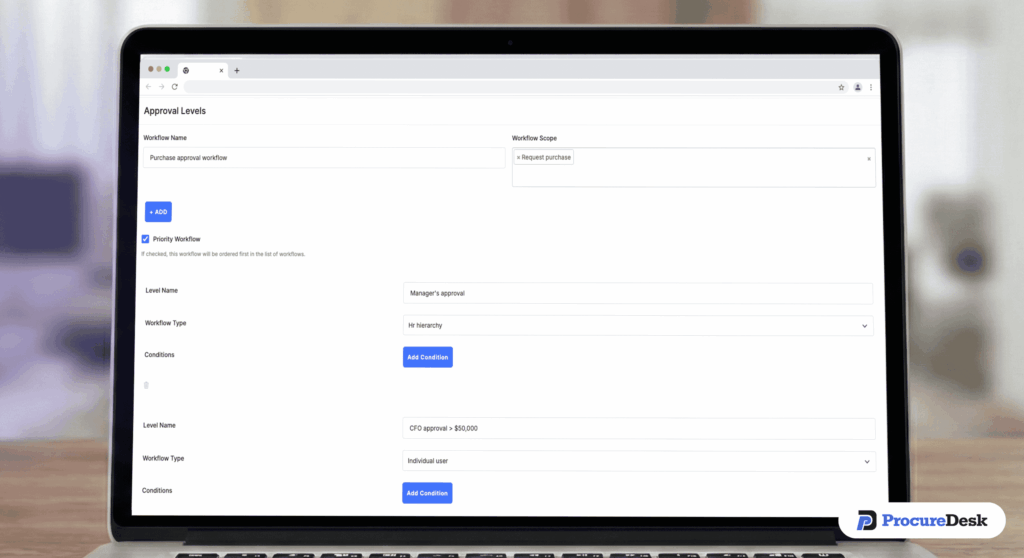 Configuration screen in ProcureDesk showing how to set up dynamic approval routing based on department and budget thresholds.