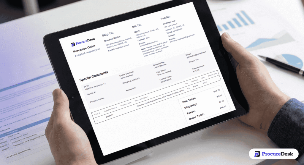Example of a digital purchase order generated in ProcureDesk showing vendor details, shipping information, and line item costs.