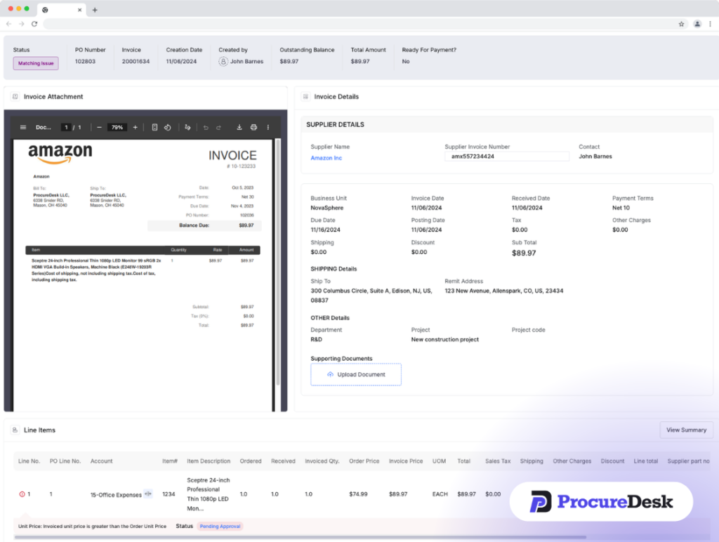 Invoice matching pricing exception